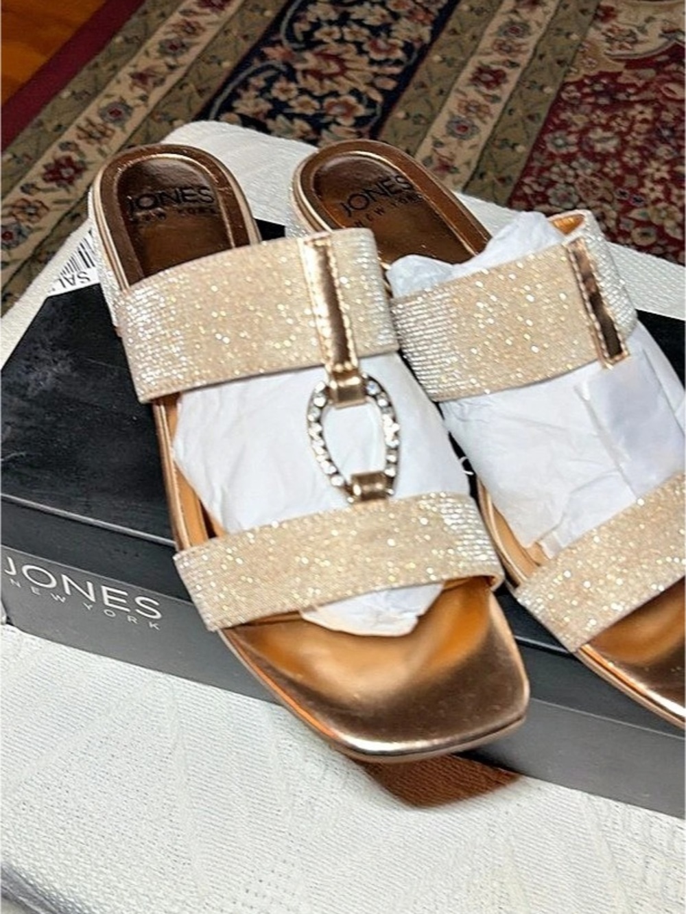 Jones New York 7.5 New Embellished Slide Sandals in Gold & Rhinestones